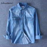 Jinquedai   Spring Autumn Men Denim Thin Shirt Long Sleeve Soft 100% Cotton Two Pockets Slim Slight Elastic Jeans Cowboy 4XL jinquedai