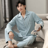 Autumn Winter 100% Cotton Pijama for Men Dormir Lounge Sleepwear Pyjamas Blue Bedgown Home Clothes Man Bedroom PJ Cotton Pajamas jinquedai