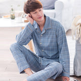 2021 Summer Casual Striped Cotton Pajama Sets for Men Short Sleeve Long Pants Sleepwear Pyjama Male Homewear Lounge Wear Clothes jinquedai