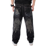 Jinquedai  Men Street Dance Hiphop Jeans Fashion Embroidery Black Loose Board Denim Pants Overall Male Rap Hip Hop Jeans Plus Size 30-46