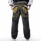 Jinquedai  Men Street Dance Hiphop Jeans Fashion Embroidery Black Loose Board Denim Pants Overall Male Rap Hip Hop Jeans Plus Size 30-46 jinquedai