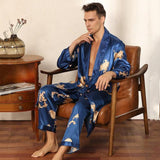 Male Satin Sleepwear Robe&amp;Pants 2PCS Pajamas Set Print Men Nightwear Kimono Bathrobe Gown Faux Silk Lounge Wear Home Clothes jinquedai