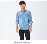 Jinquedai   Spring Autumn Men Denim Thin Shirt Long Sleeve Soft 100% Cotton Two Pockets Slim Slight Elastic Jeans Cowboy 4XL jinquedai