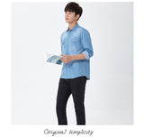 Jinquedai   Spring Autumn Men Denim Thin Shirt Long Sleeve Soft 100% Cotton Two Pockets Slim Slight Elastic Jeans Cowboy 4XL jinquedai