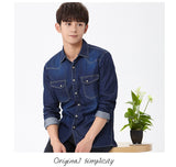 Jinquedai   Spring Autumn Men Denim Thin Shirt Long Sleeve Soft 100% Cotton Two Pockets Slim Slight Elastic Jeans Cowboy 4XL jinquedai