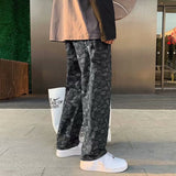 Jingquedai  Cashew flower black jeans men&#39;s straight tube loose spring and autumn summer Korean fashion men&#39;s baggy pants denim trousers jinquedai