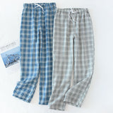 Men&#39;s Cotton Gauze Trousers Plaid Knitted Sleep Pants Woman Pajamas Pants Bottoms Sleepwear Short for Couples Pijama Hombre jinquedai