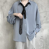 Jinquedai Black Long-sleeved Shirts Men Korean Comfortable Blouses Casual Loose Single Breasted Shirt With Tie jinquedai