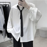 Jinquedai Black Long-sleeved Shirts Men Korean Comfortable Blouses Casual Loose Single Breasted Shirt With Tie jinquedai