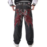 Jinquedai Mens Jeans Top Rushed Stripe Loose Hip Hop Jeans Men Printed Hiphop Demin Pants Tide Trousers Embroidered Flower Wings jinquedai