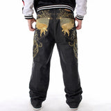 Mens Jeans Top Rushed Stripe Loose Hip Hop Jeans Men Printed Hiphop Demin Pants Tide Trousers Embroidered Flower Wings jinquedai