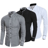 Men Stand Collar Shirt Long Sleeve Turn Down Collar Slim Pure Colors Solid Fit Business Shirts Male jinquedai