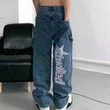 Retro Pockets Letter Embroidery Ripped Casual Jeans Men and Women Straight Harajuku Oversize Streetwear Denim Trousers jinquedai