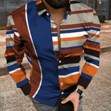 Jinquedai  Autumn Fashion Striped Print Patchwork Shirts Men Casual Turn-down Collar Buttoned Long Sleeve Cardigan Tops Men Streetwear jinquedai