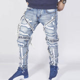 Jinquedai Men jeans summer loose trousers  trendy street men collocation design autumn straight pants ripped motorcycle boy pants jinquedai