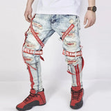 Jinquedai Men jeans summer loose trousers  trendy street men collocation design autumn straight pants ripped motorcycle boy pants jinquedai