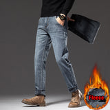 JingquedaiWinter New Men Fleece Warm Jeans Classic Style Business Casual Regular Fit Thicken Stretch Denim Pants Male Brand Trousers jinquedai