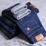 JingquedaiWinter New Men Fleece Warm Jeans Classic Style Business Casual Regular Fit Thicken Stretch Denim Pants Male Brand Trousers jinquedai