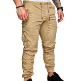 Jingquedai Men Casual Solid Color Pockets Waist Drawstring Ankle Tied Skinny Cargo Pants jinquedai