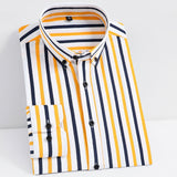 Jinquedai  Men Fashion Non-iron Stretch Soft Casual Striped Shirts Pocketless Design Long Sleeve Standard-fit Youthful Button-down Shirt jinquedai