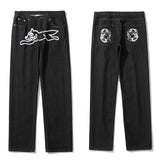 Dog Print Straight Loose Jeans Mens Retro High Street Oversize Casual Denim Trousers Harajuku Washed Hip Hop Jean Pants jinquedai