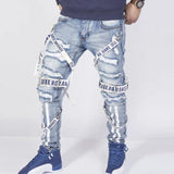 Jinquedai Men jeans summer loose trousers  trendy street men collocation design autumn straight pants ripped motorcycle boy pants jinquedai