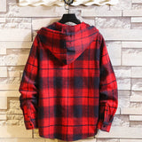 Jingquedai   Casual Brand With Hooded Plaid Shirt Men&#39;S Fleece Red Shirts Long Sleeves 2022 New Spring Autumn Plus OverSize M-6XL jinquedai
