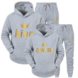 Jingquedai  2022 Fashion Couple Sportwear Set KING or QUEEN Printed Hooded Suits 2PCS Set Hoodie and Pants S-4XL jinquedai