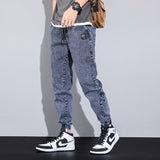 Jingquedai  2022 Spring Summer Loose Men&#39;s Jeans Text Embroidery Baggy Elastic Waist Harlan Cargo Jogger Trousers Male Grey Large Size M-8XL jinquedai
