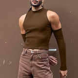 Men T Shirt Solid Color Turtleneck Long Sleeve Off Shoulder Casual Camisetas  Hollow Out Streetwear Sexy Crop Tops