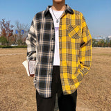 Jingquedai    Men Oversized Cotton Plaid Shirt 2022 Man Hip Hop Patchwork Button Up Long Sleeve Shirt Couple Korean Harajuku Clothing jinquedai