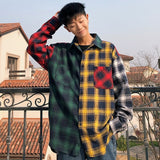 Jingquedai    Men Oversized Cotton Plaid Shirt 2022 Man Hip Hop Patchwork Button Up Long Sleeve Shirt Couple Korean Harajuku Clothing jinquedai