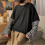 Long Sleeve Fake Two-piece T Shirt Striped Big Shirts Men Clothing Men Fashion New Oversized Tees Clothes Tshirt jinquedai