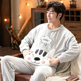 Winter Long Sleeve Thick Warm Flannel Pajama Sets for Men Cute Cartoon Coral Velvet Sleepwear Pyjamas Homewear Home Clothes jinquedai