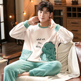 Winter Long Sleeve Thick Warm Flannel Pajama Sets for Men Cute Cartoon Coral Velvet Sleepwear Pyjamas Homewear Home Clothes jinquedai