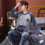 Winter Long Sleeve Thick Warm Flannel Pajama Sets for Men Cute Cartoon Coral Velvet Sleepwear Pyjamas Homewear Home Clothes jinquedai