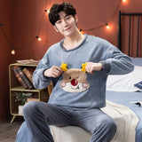 Winter Long Sleeve Thick Warm Flannel Pajama Sets for Men Cute Cartoon Coral Velvet Sleepwear Pyjamas Homewear Home Clothes jinquedai